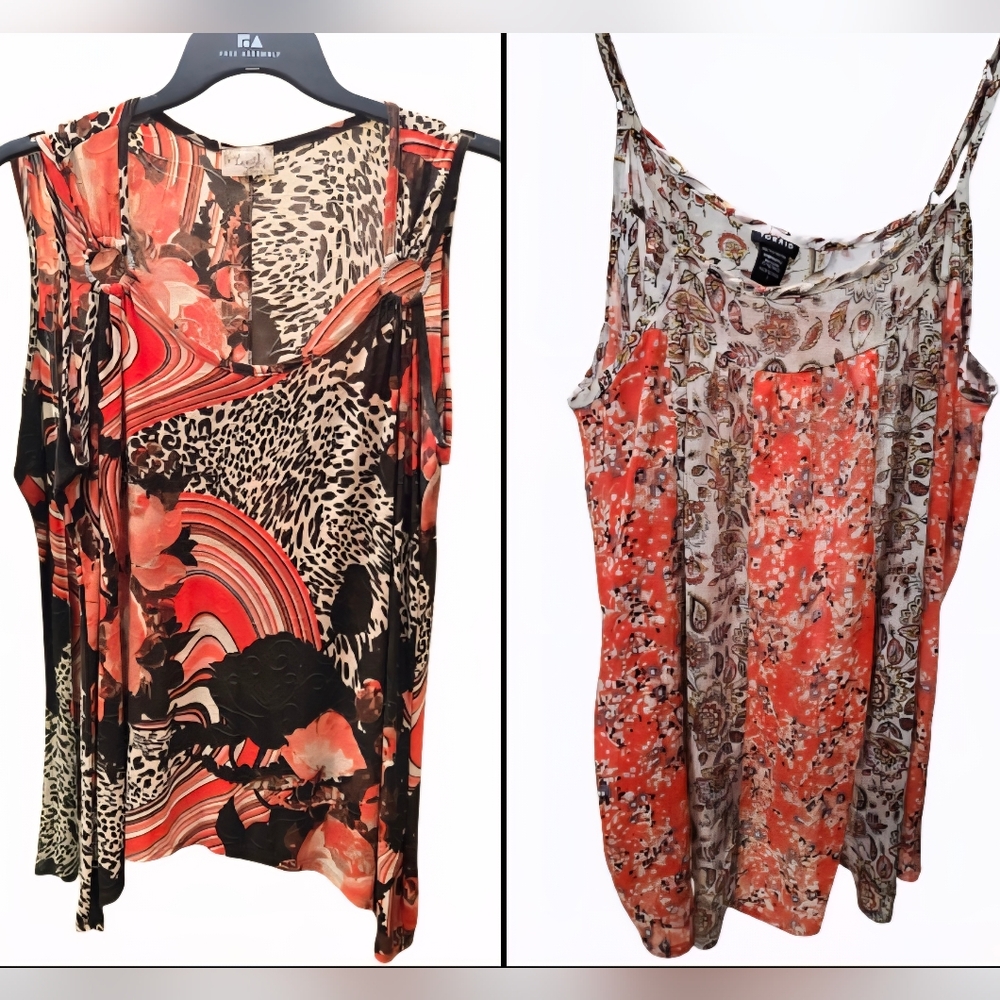Bundle: TWO Orange Bright Comfortable Sleeveless tops. 1X-2X